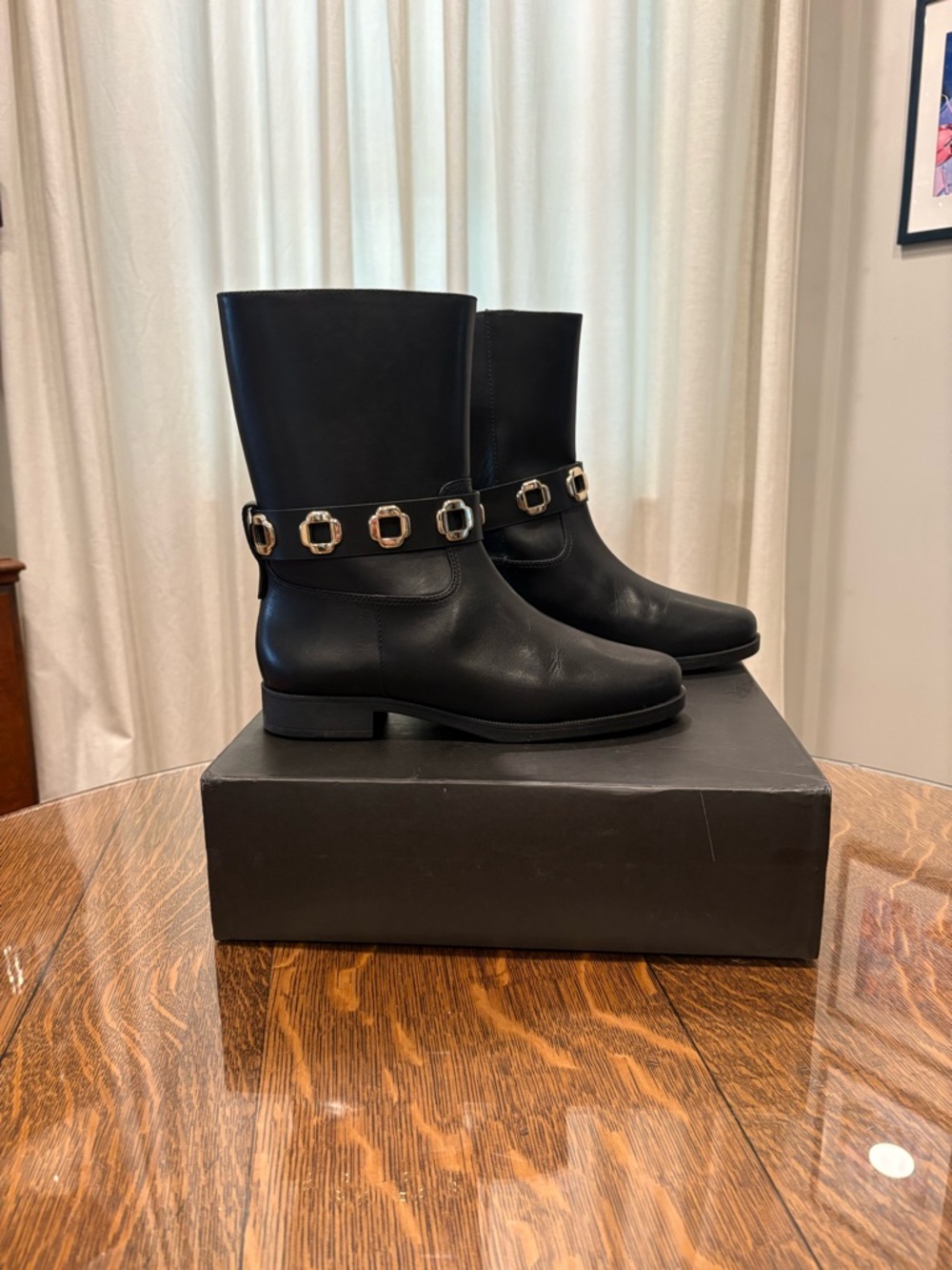 Larroude Black Mid-Calf Leather Boots with Gold Chain Detail